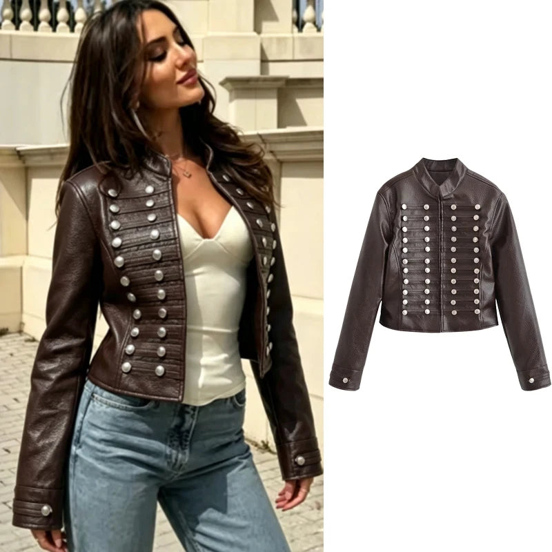 Giacca ecopelle Rahupa marrone — indossata con jeans e top chiaro | Dream Shop