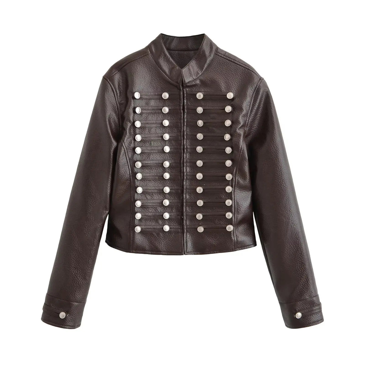 Giacca ecopelle Rahupa marrone — vista frontale con doppia fila di bottoni | Dream Shop