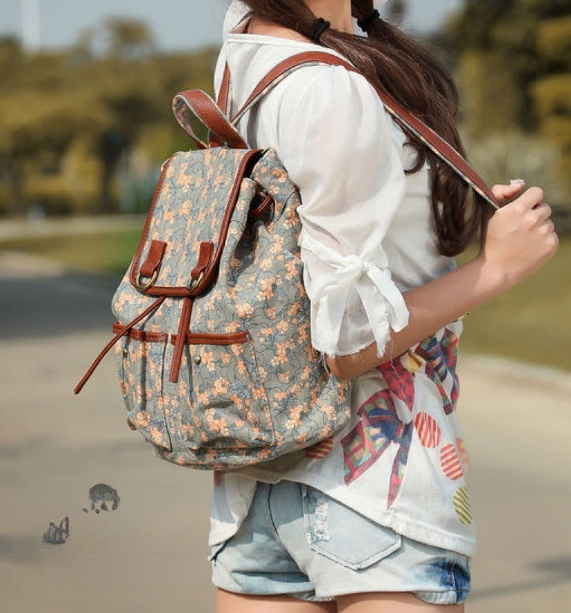 Zaino pretty vintage dettaglio stampa floreale tortora e pesca — Dream Shop