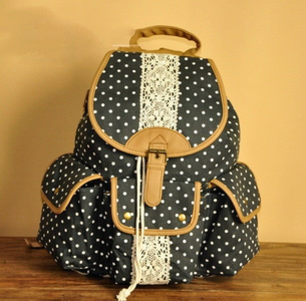 Zaino Vintage Dots blu a pois con inserto in pizzo e finiture cuoio — Dream Shop