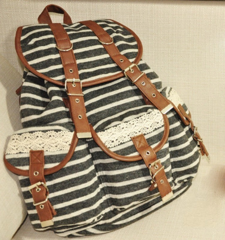 Zaino Vintage Stripe a righe grigio e panna con cinghie in ecopelle — Dream Shop