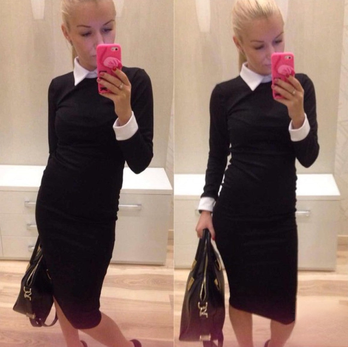 Aliss Dress black with white applied sleeves front view — Dream Shop