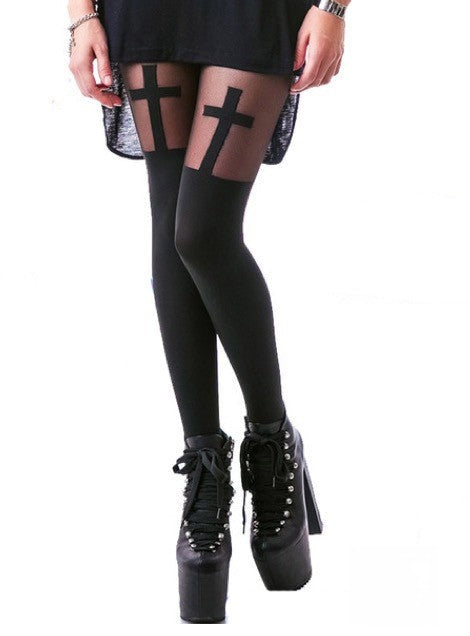 Collant autoreggenti big cross velati con maxi croce nera — Dream Shop