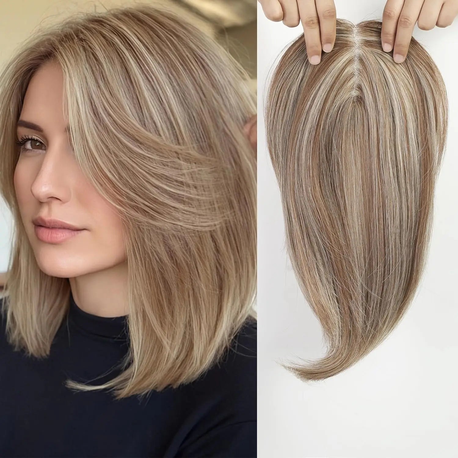 Taupe Topper in capelli veri con base in seta e clip