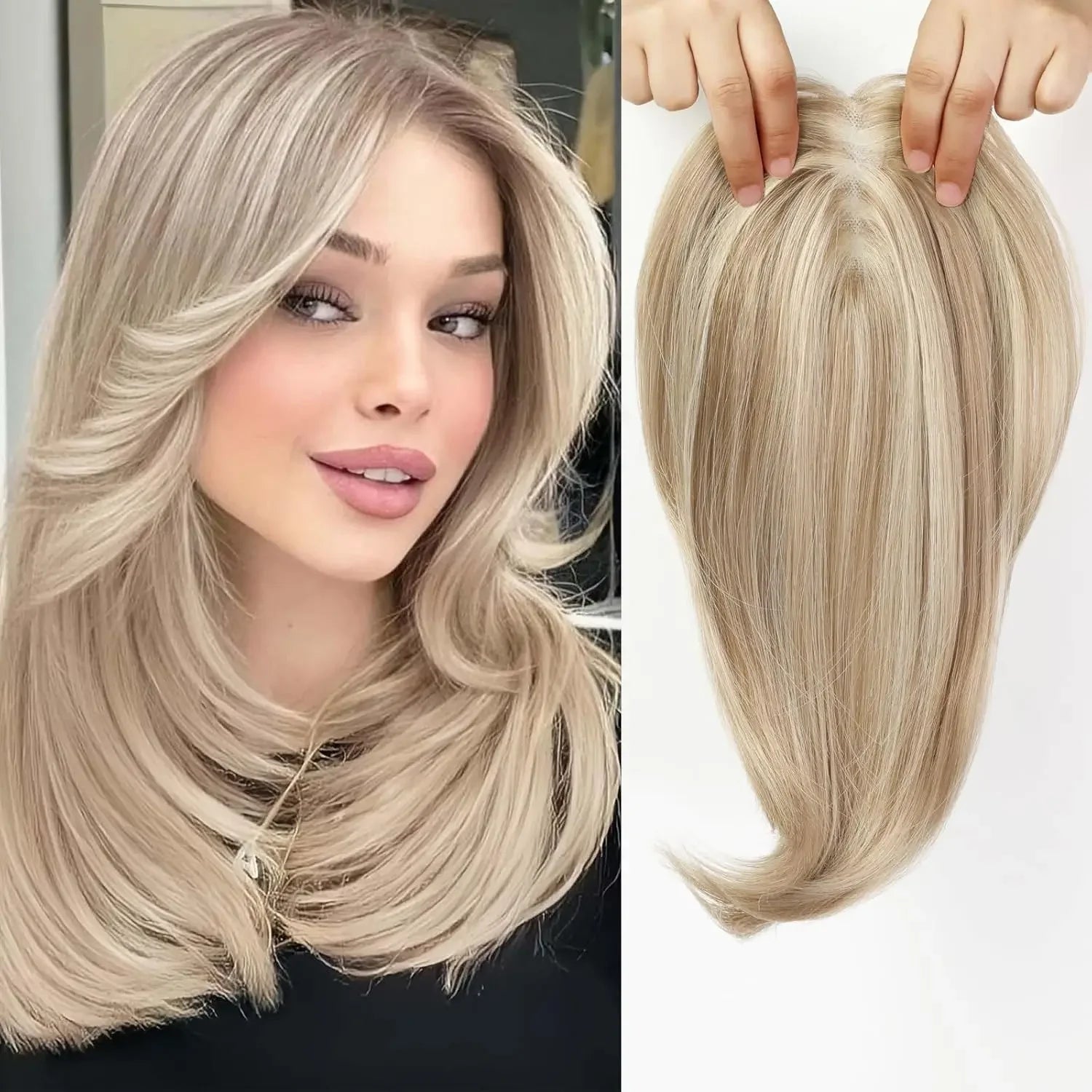 Taupe Topper in capelli veri con base in seta e clip