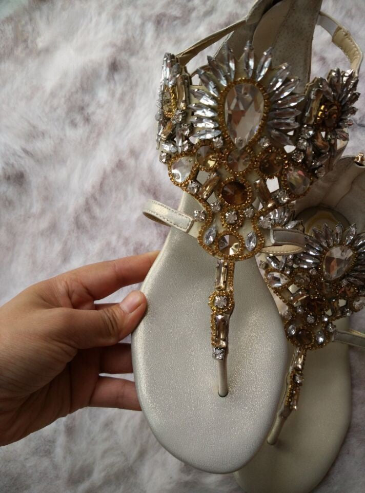 Sandalo gioiello Lola in vera pelle beige con strass — Dream Shop