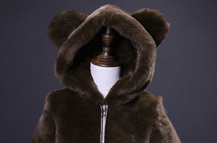 Pellicciotto bimbi brown dettaglio orecchie sul cappuccio — Dream Shop