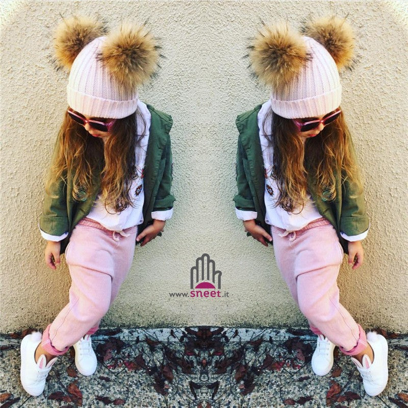 Children's double poon-pon cap