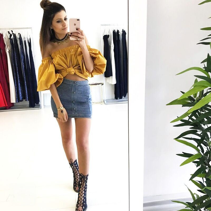 Blusa Senyp giallo senape manica palloncino vista frontale — Dream Shop