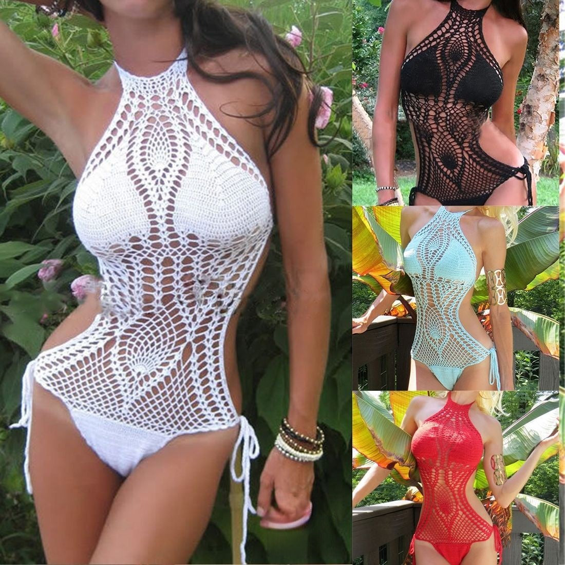 Monokini uncinetto azzurro dettaglio ricamo décolleté — Dream Shop