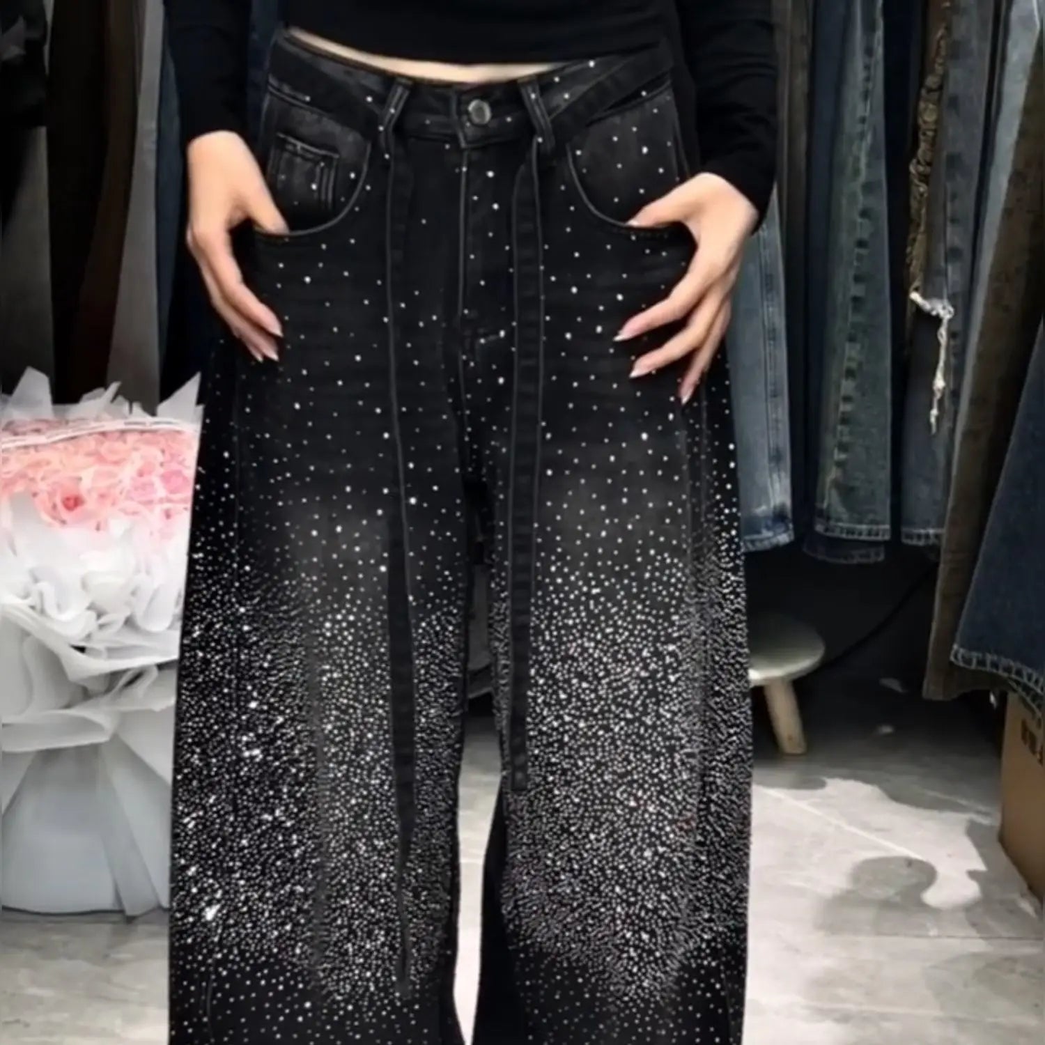 Jeans Baggy Donna Constellations a Gamba Larga con Strass All-Over