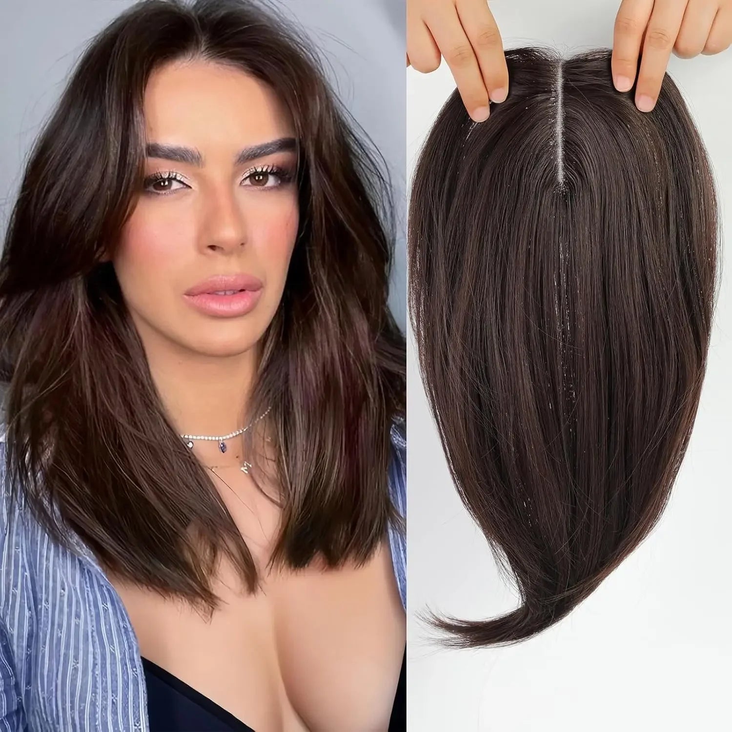 Taupe Topper in capelli veri con base in seta e clip