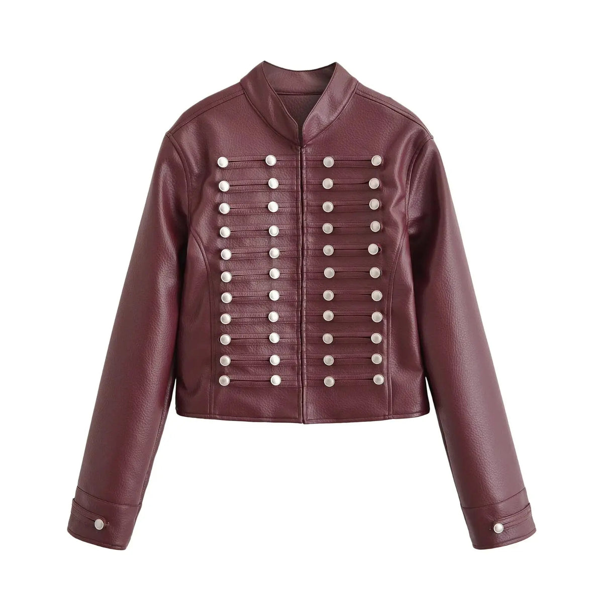 Giacca ecopelle Rahupa bordeaux — vista frontale con doppia fila di bottoni | Dream Shop
