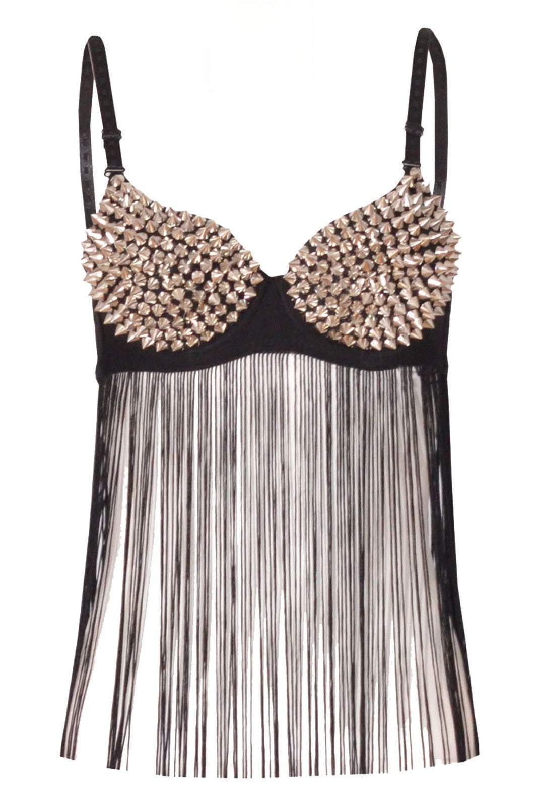 Fringe Bra studded fringe gold silver front view — Dream Shop