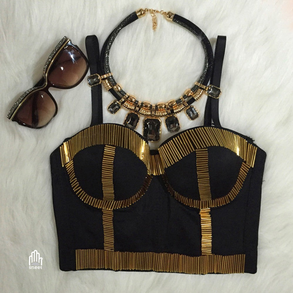 Crop Top Golden Age inserti dorati coppe vista frontale — Dream Shop