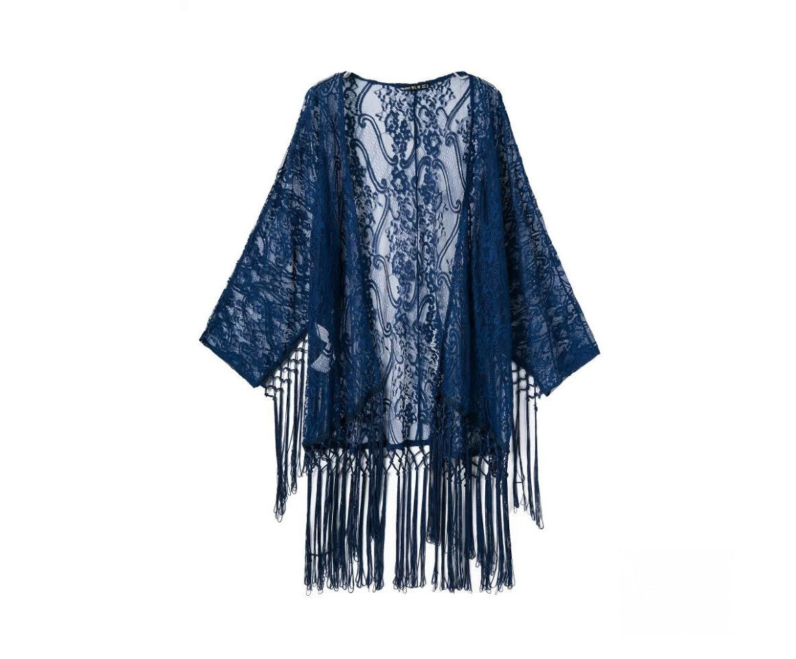 Kimono pizzo frange Junta — versione blu | Dream Shop