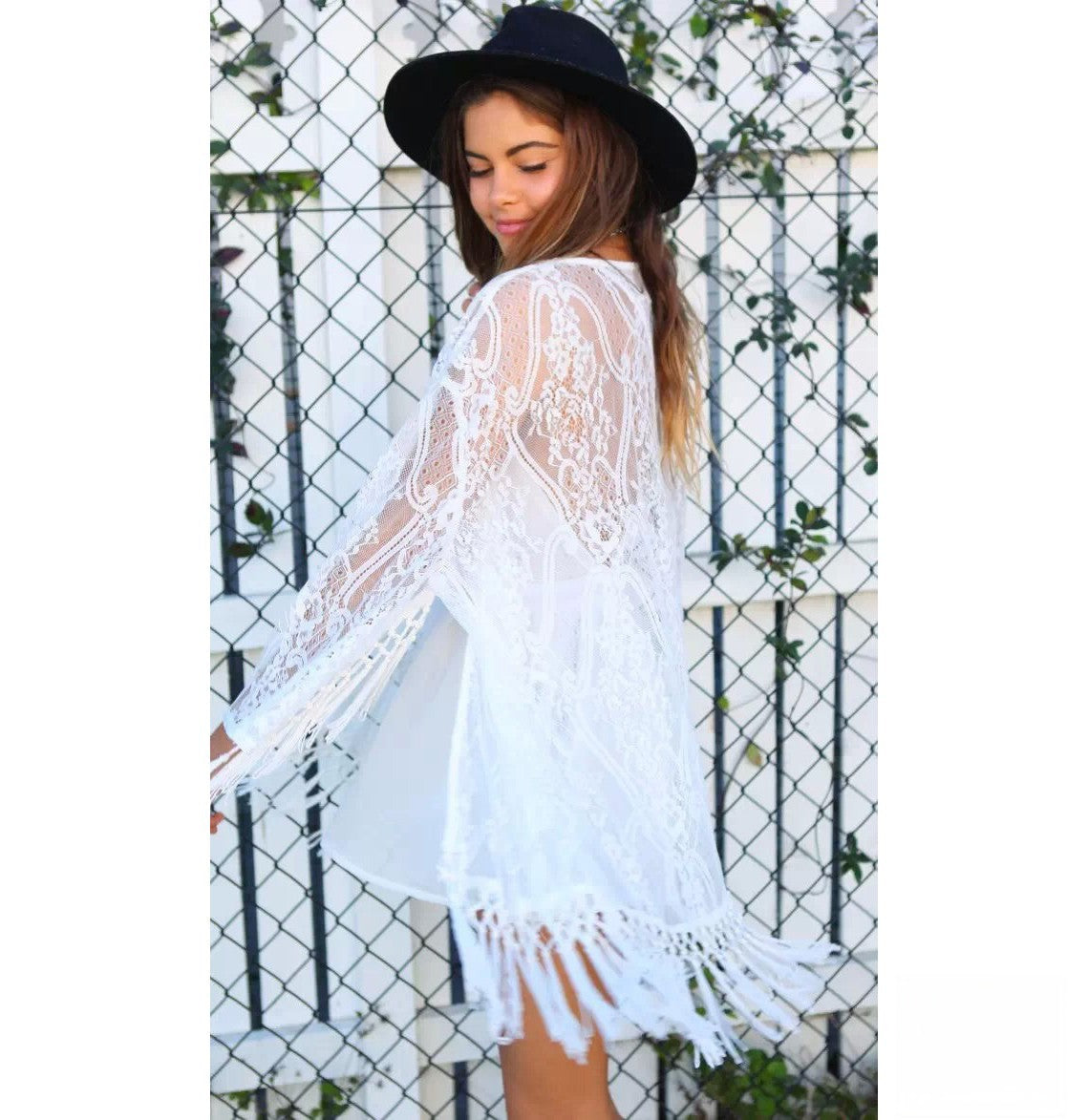 Kimono pizzo frange Junta — styling sera etnico | Dream Shop