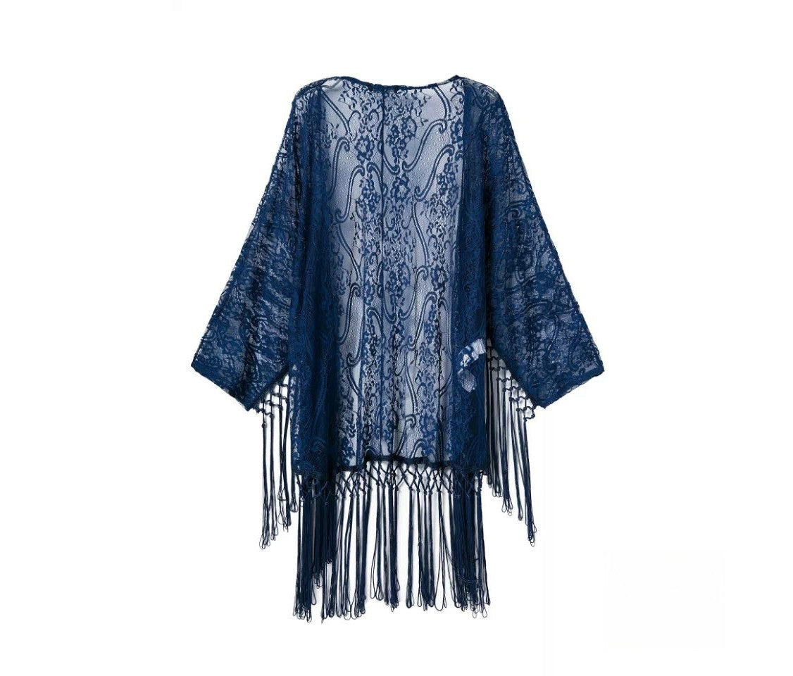 Kimono pizzo frange Junta — pizzo ricamato dettaglio | Dream Shop