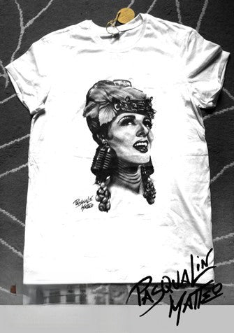 T-shirt Cadillac Lady bianca stampa ritratto illustrato | Dream Shop