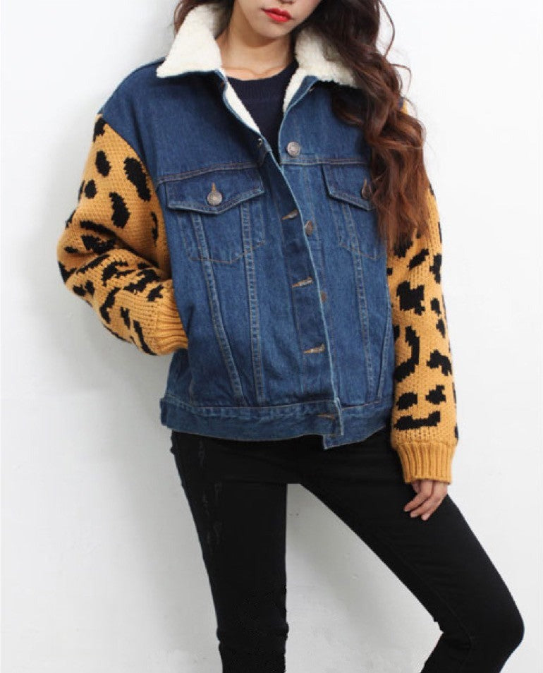 Giacca jeans maniche leopard vista frontale — Dream Shop