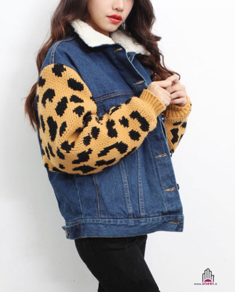 Giacca jeans maniche leopard