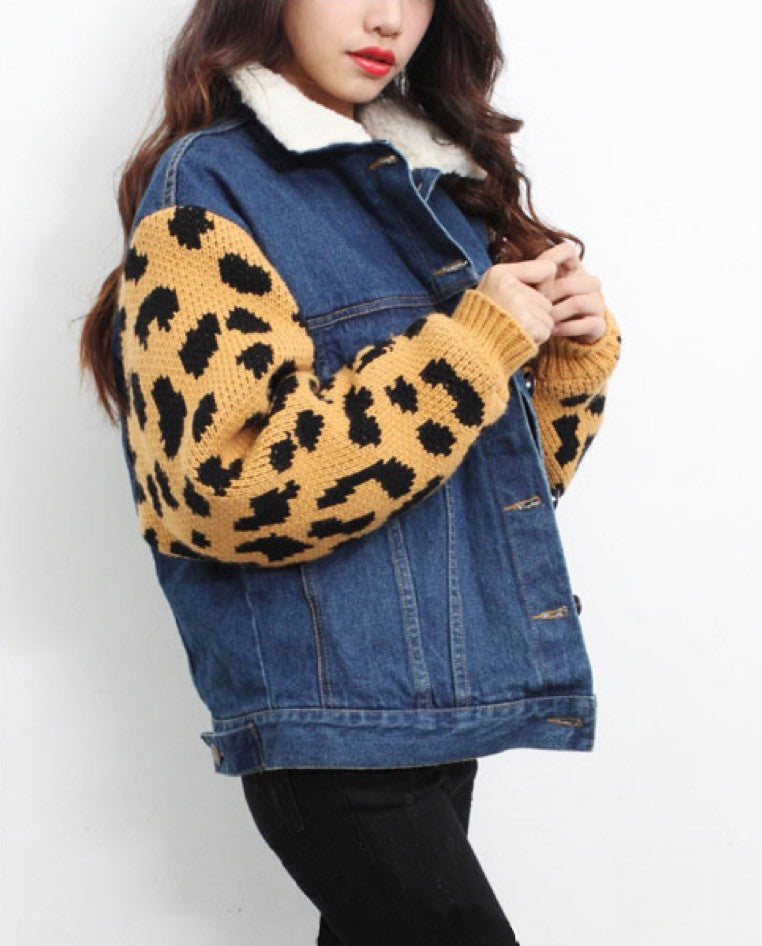 Giacca jeans maniche leopard maniche in maglia leopardata — Dream Shop