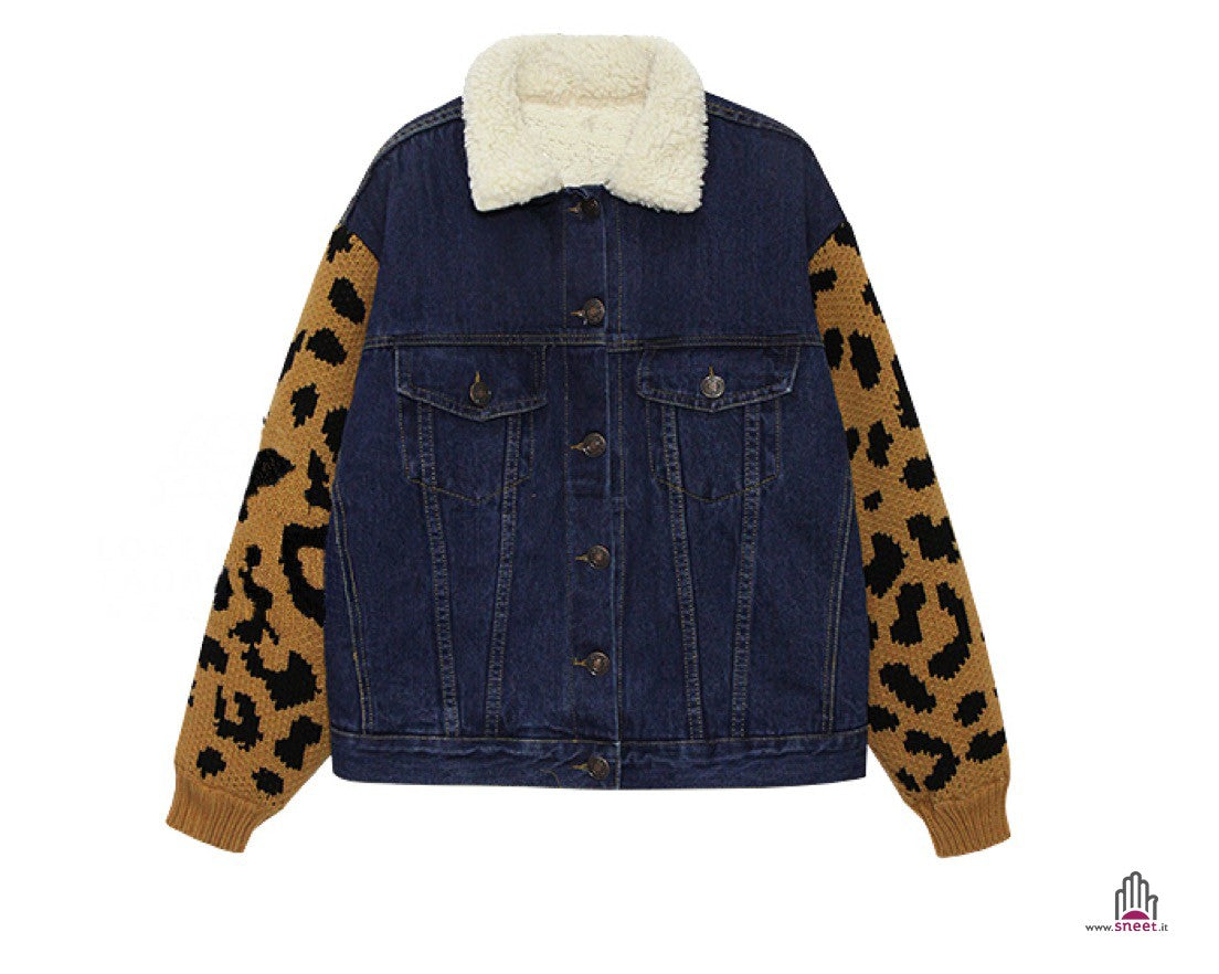 Giacca jeans maniche leopard