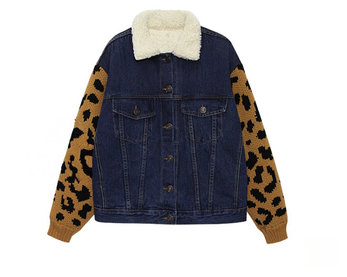 Giacca jeans maniche leopard interno imbottito lana — Dream Shop