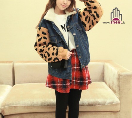 Giacca jeans maniche leopard