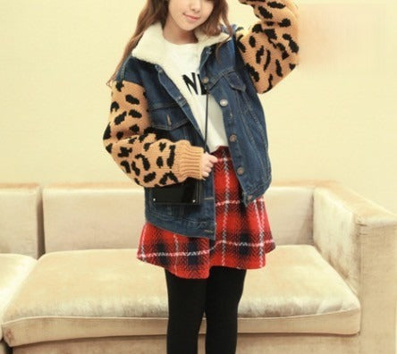 Giacca jeans maniche leopard vista posteriore — Dream Shop