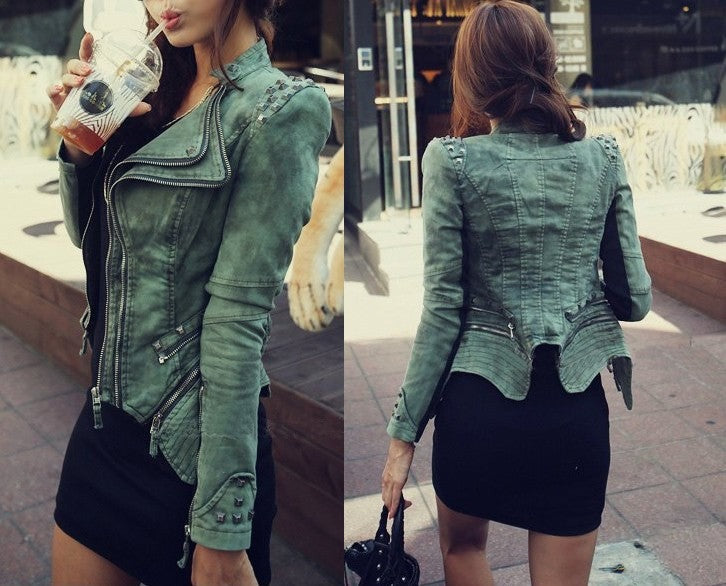 Giubbino in jeans Diana Green in denim verde stretch con borchie — Dream Shop