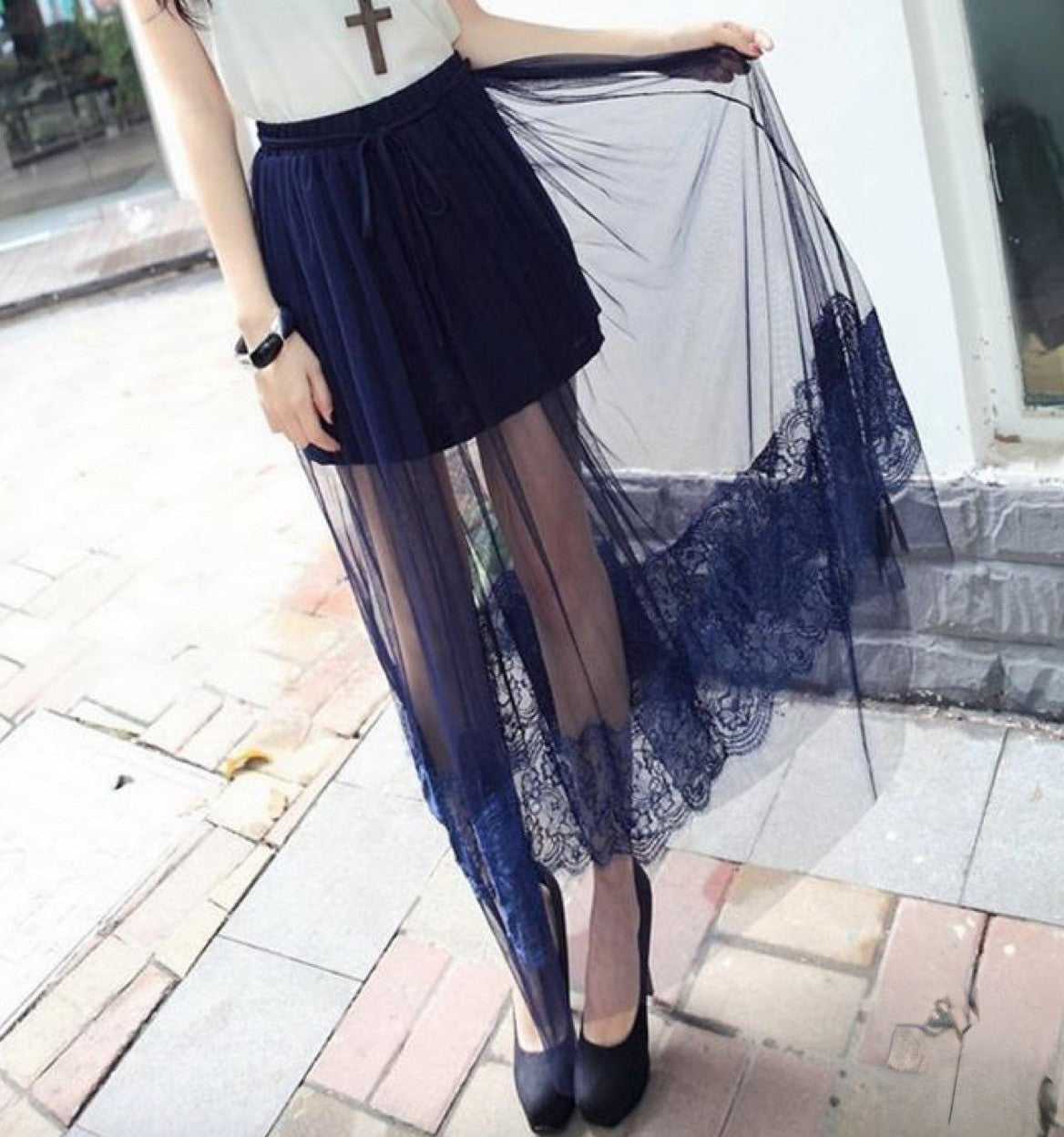 Gonna Tuly pizzo tulle e pizzo vista frontale — Dream Shop