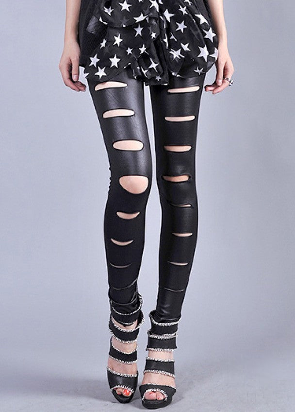 Leggings Hole ecopelle nera vista frontale