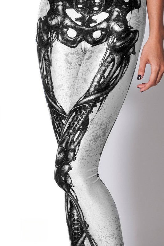 Mechanical Bones White Leggings stampa ossa scheletro