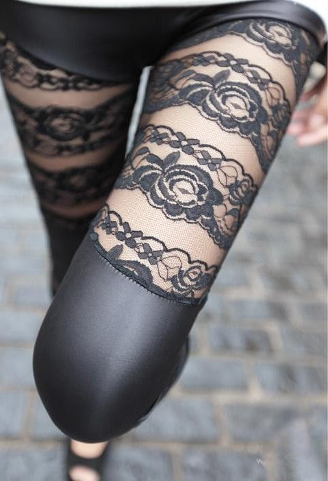 Leggings ecopelle e pizzo floreale nero vista frontale