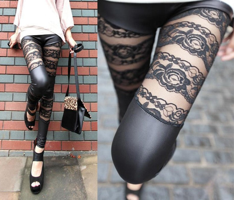 Leggings ecopelle e pizzo floreale look rock chic