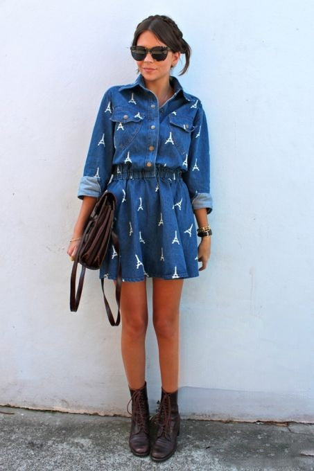 Denim Eiffel Dress — jeans torri Eiffel stampate elastico | Dream Shop