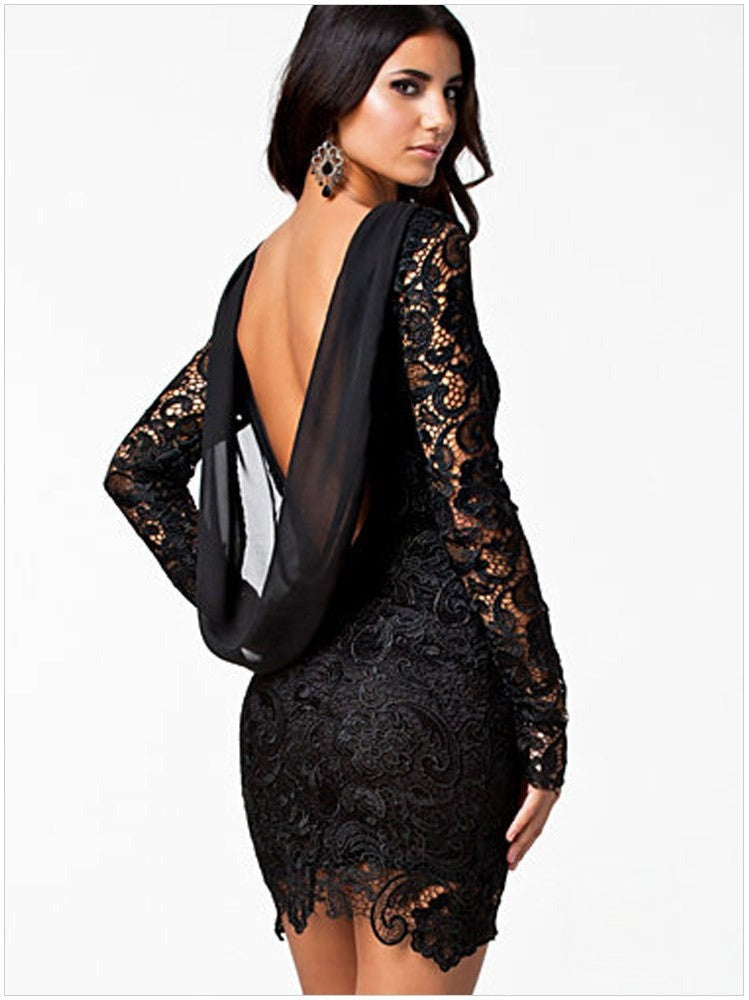 Mylena Dress lace backless draping front view — Dream Shop