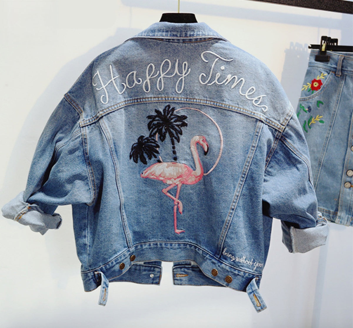 Giubbino fenicottero denim Happy Times vista frontale — Dream Shop