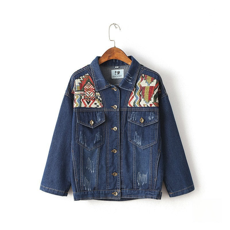 Giubbino Geometric denim inserti colorati vista frontale — Dream Shop