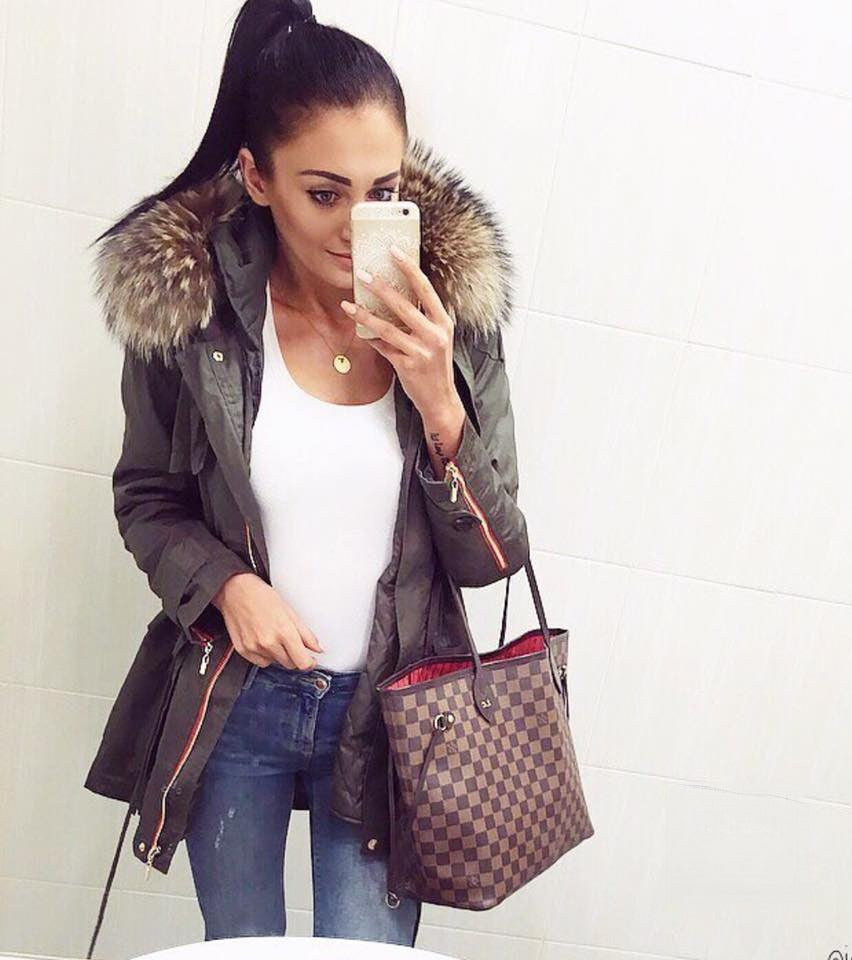 Parka Glorya imbottito cappuccio pelo dettagli rossi - Dream Shop