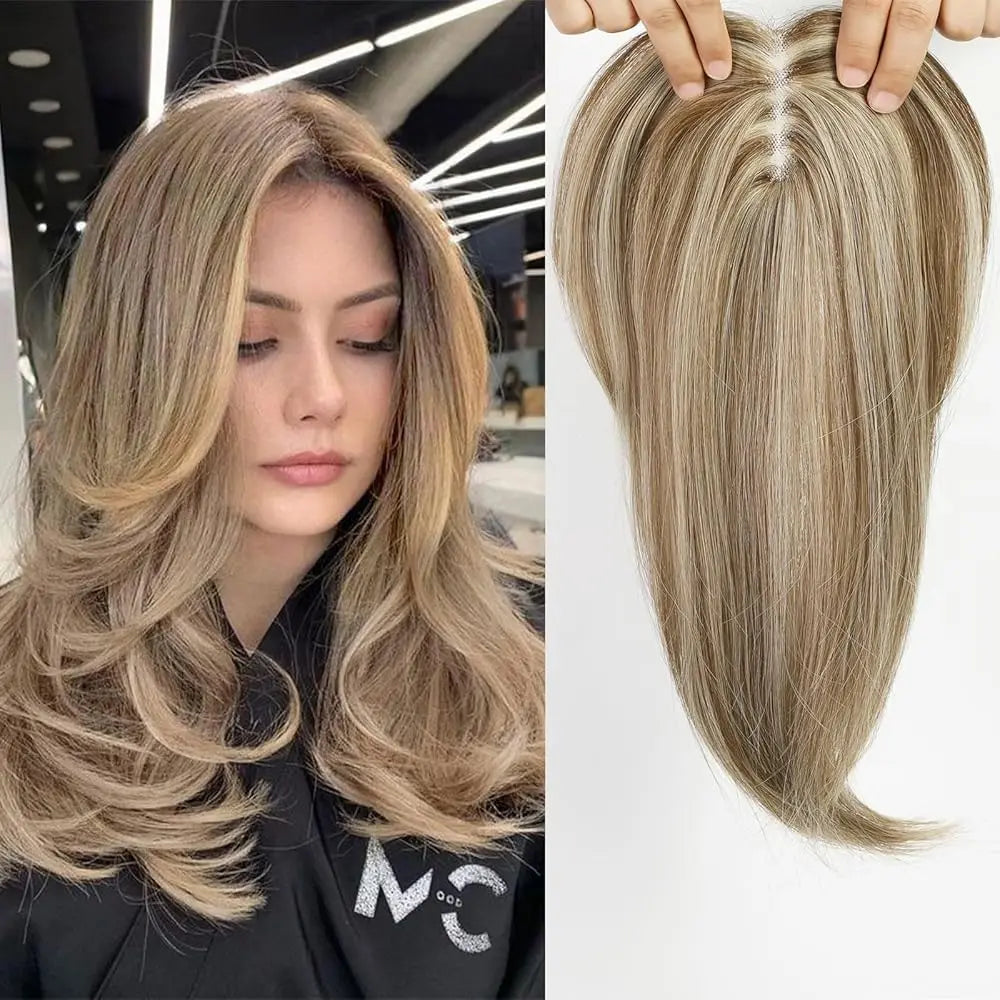 Taupe Topper in capelli veri con base in seta e clip