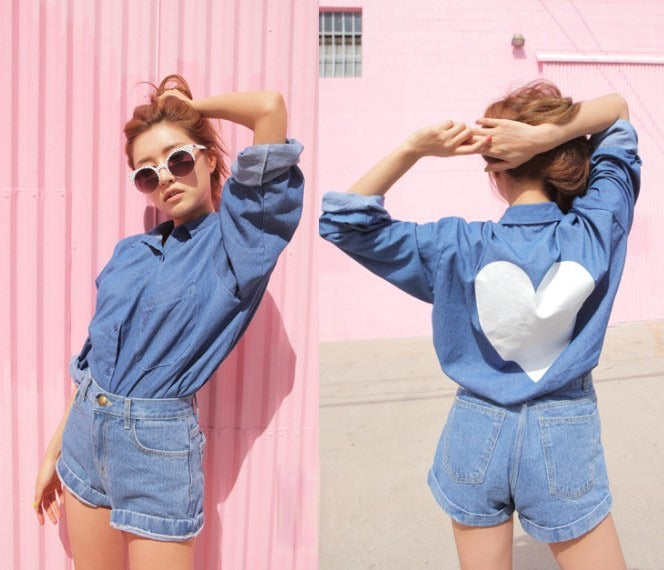 Camicia Heart denim stampa cuori vista frontale — Dream Shop