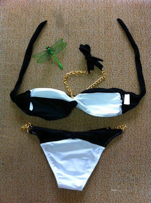 Bichain Bikini bianco-nero dettaglio catene metalliche — Dream Shop