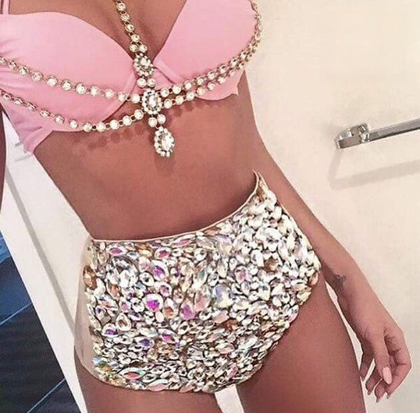 Bikini Bunny Luxurious nero dettaglio pietre su slip vita alta — Dream Shop