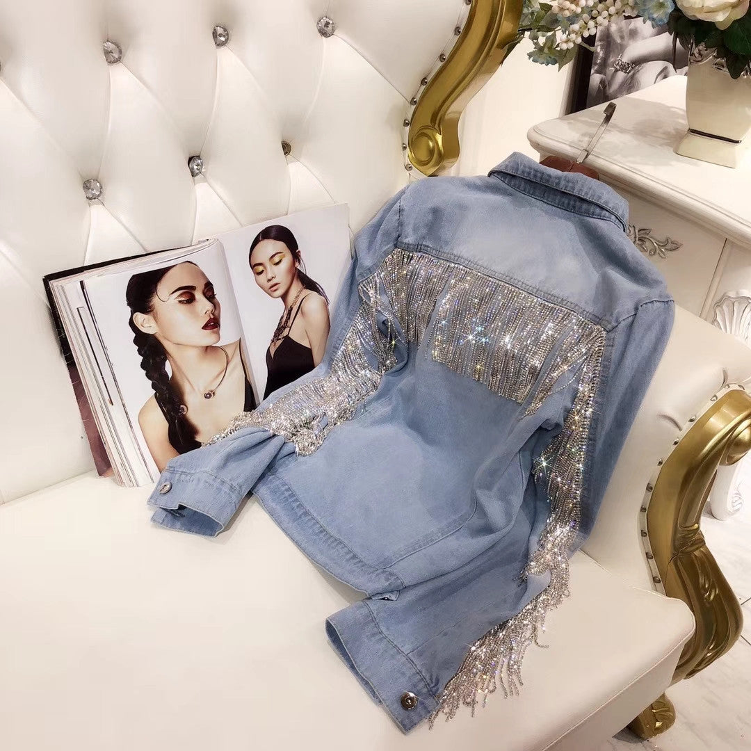 Giubbino jeans fringe strass
