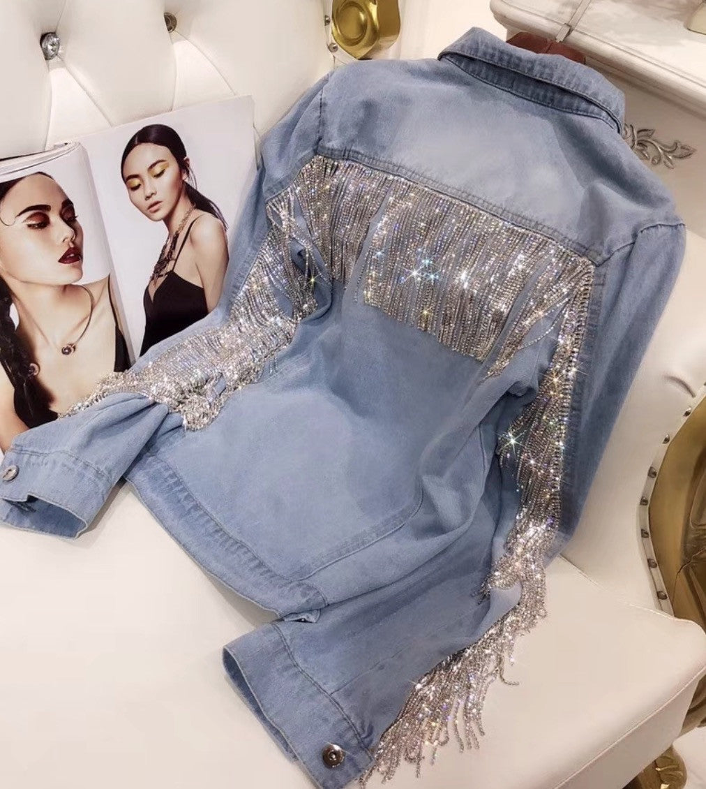 Giubbino jeans fringe strass