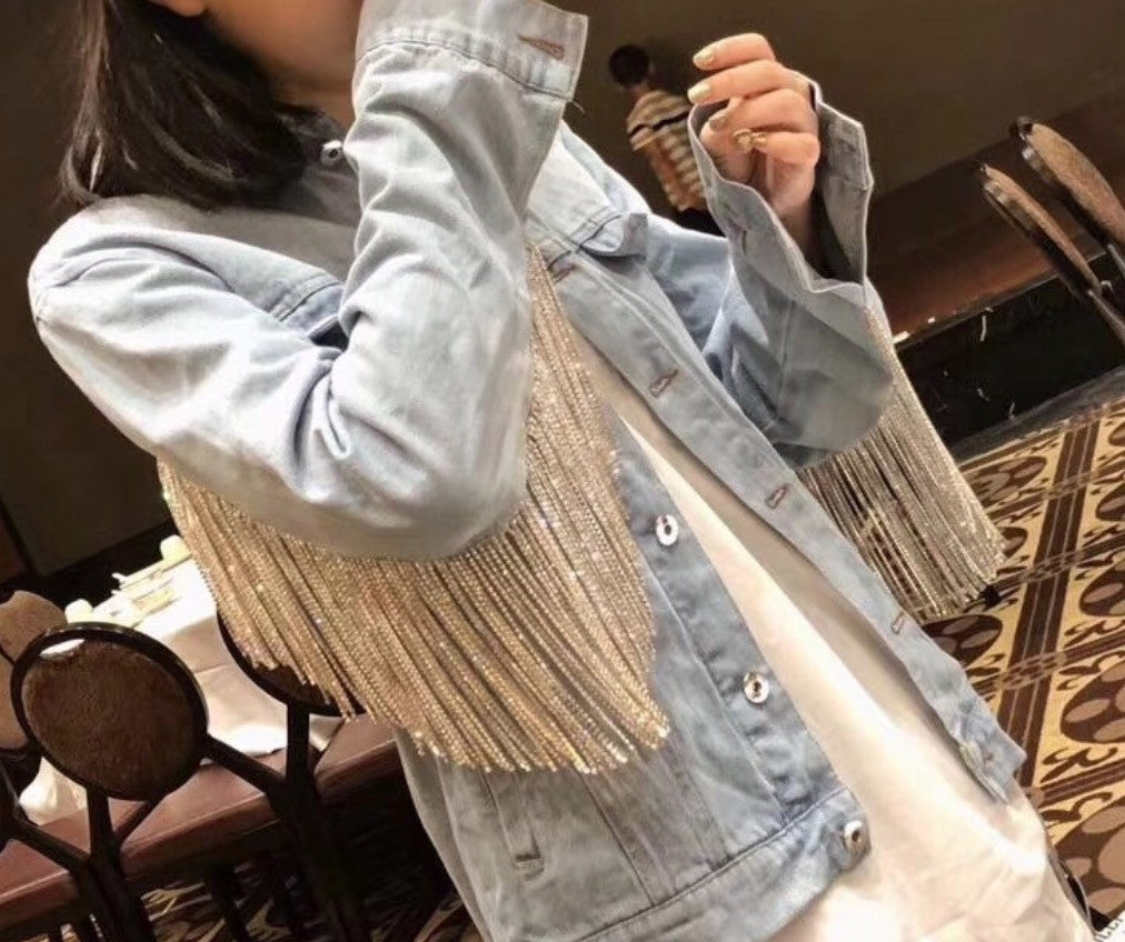 Giubbino jeans fringe strass