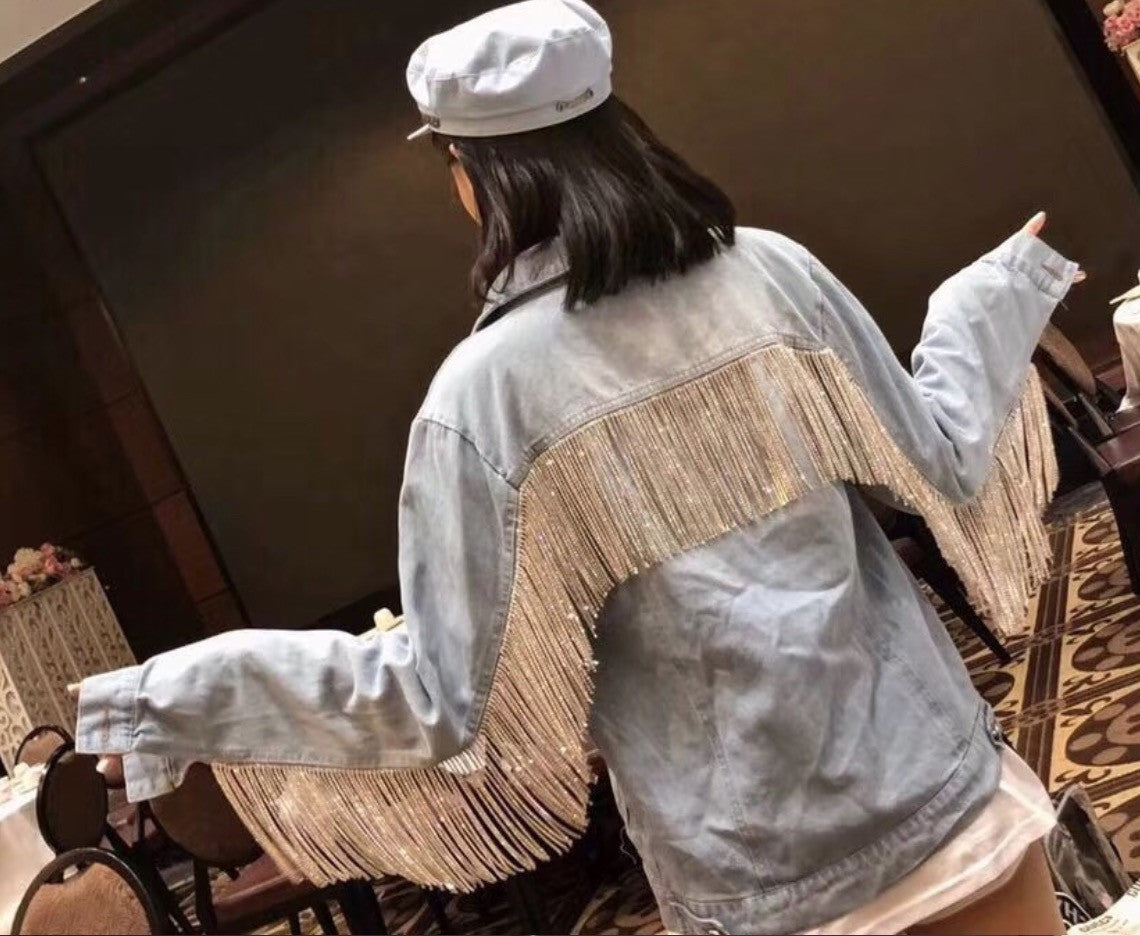 Giubbino jeans fringe strass