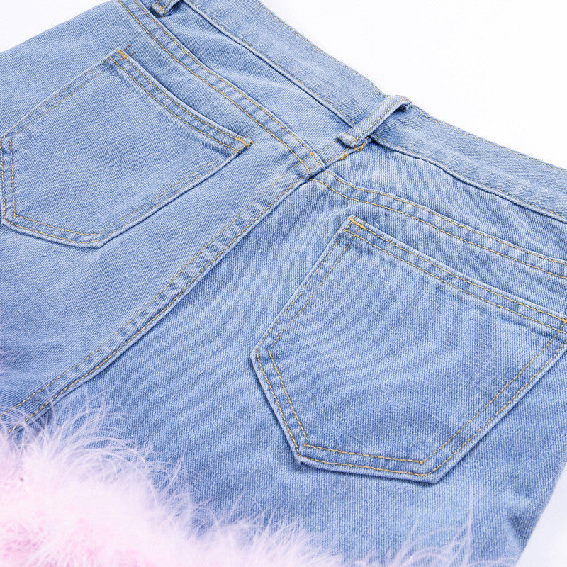 Shorts denim piume froufrou
